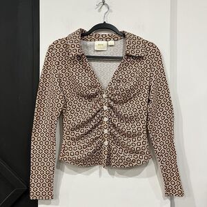 Maeve By Anthropologie Floral Ruched Collared Button Up Shirt Retro Size Medium